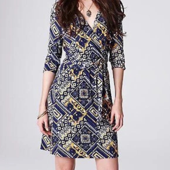 Lucky Brand Geometric/Aztec 3/4 Sleeve Surplice V-Neck Faux Wrap Mini Dress Sz L - Picture 1 of 15